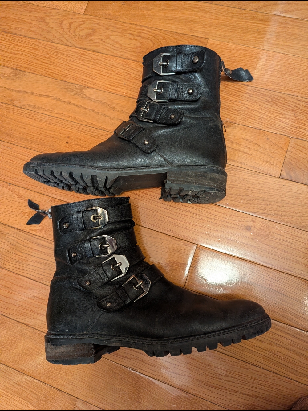 Stuart Weitzman Black Leather Buckle Strap Combat Boots